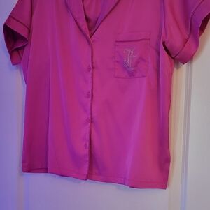 JUICY COUTURE Silky Pink Button-Up Shirt Pajama SET Embellished Pocket/back